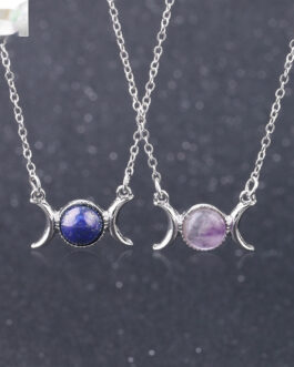 Vintage Crescent Lock Bone Moon Sun Pendant Silver Women’s Natural Stone Necklace